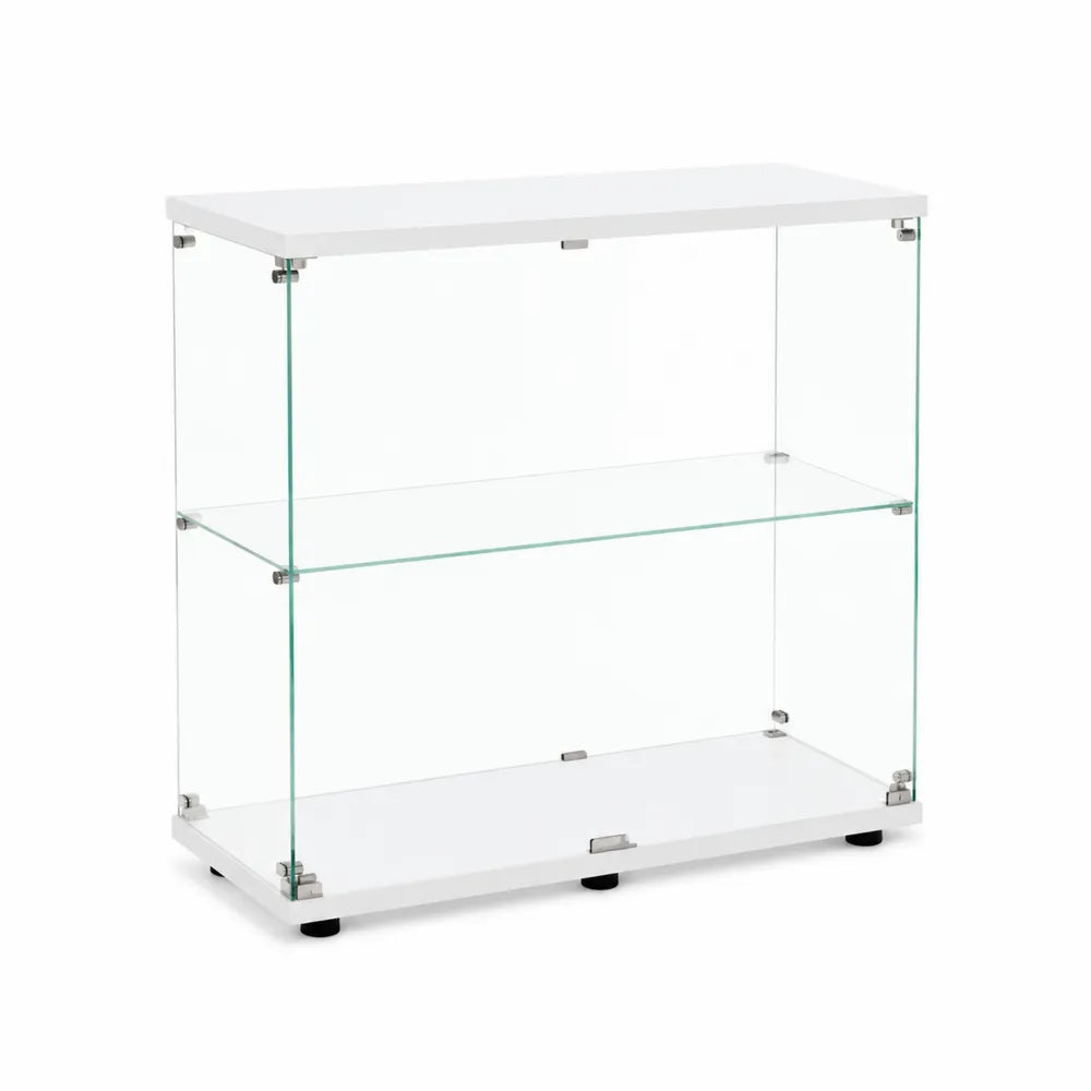 Vitrine aus gehärtetem Glas mit weißen Regalböden
