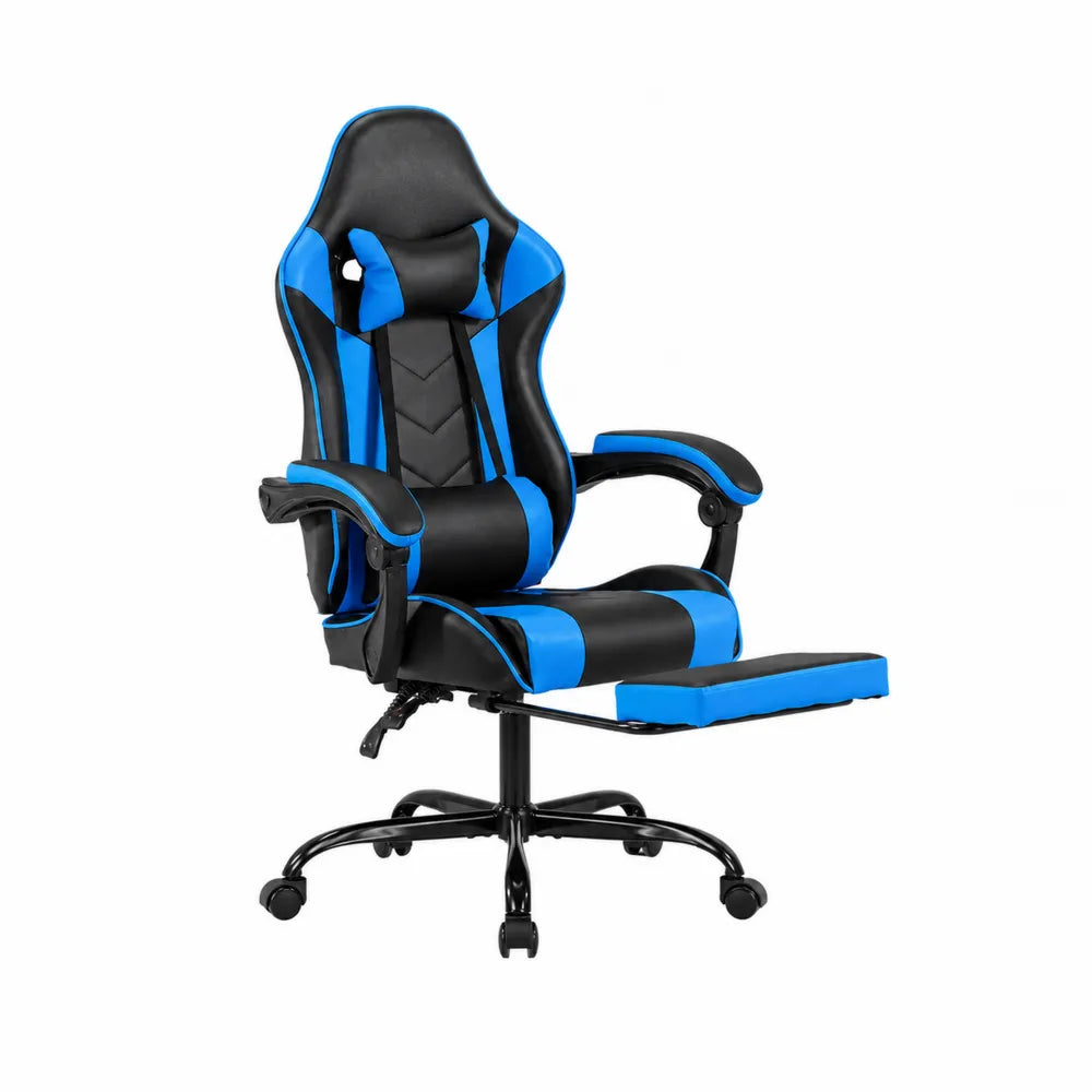 Gaming-Stuhl mit Fußstütze, PU-Leder Blau/Schwarz, höhenverstellbar