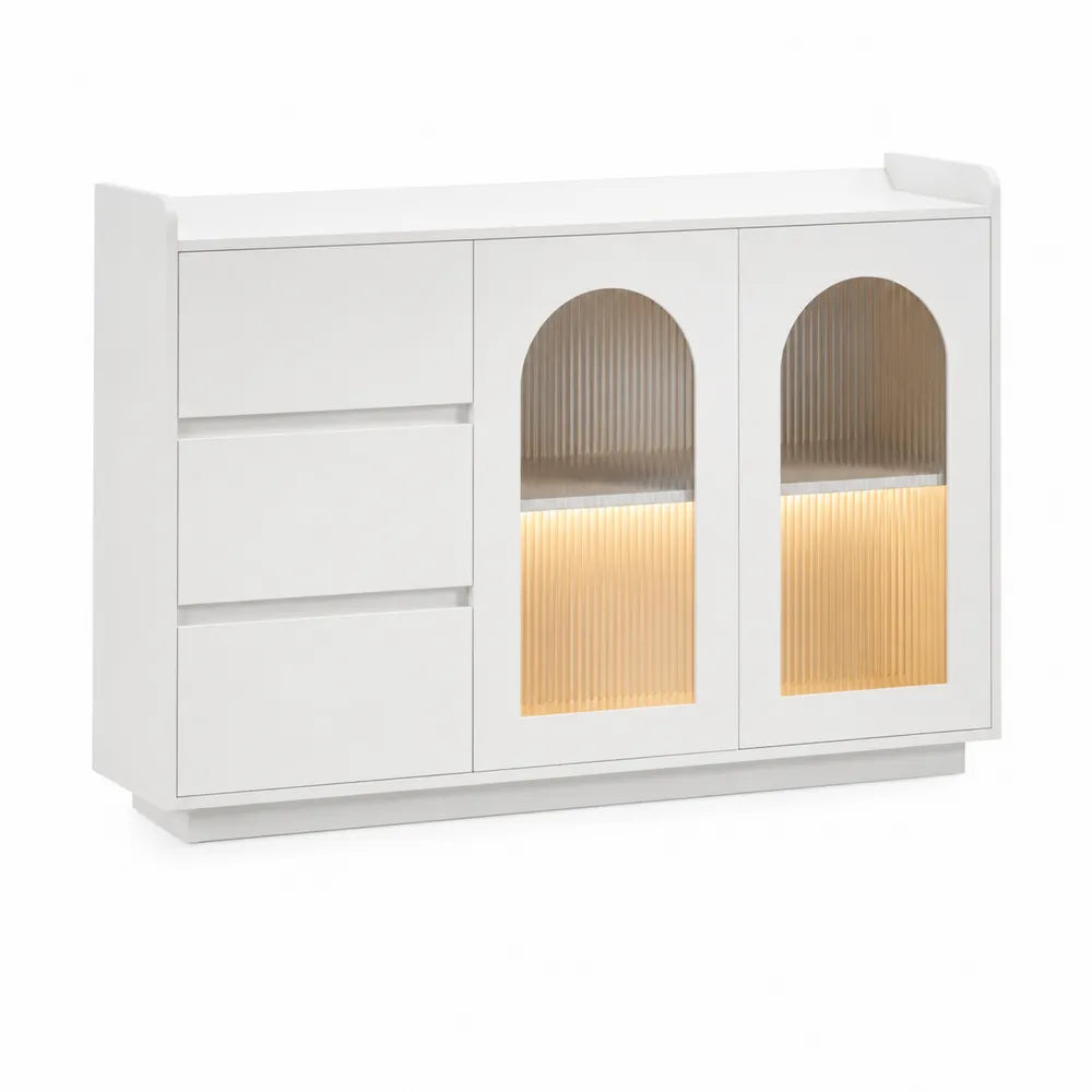 Weißes MDF-Sideboard mit gehärtetem Riffelglas und LED