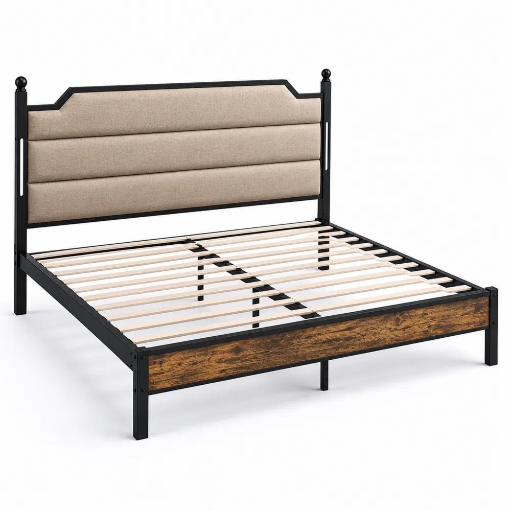 Metallbett mit Kopfteil aus Polyestergewebe Stahl-Holz Beige 200x160 cm