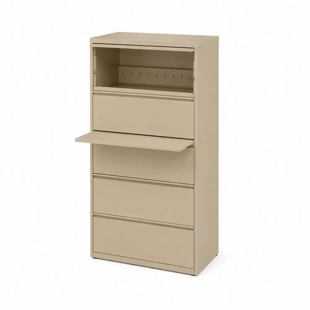 Beiger Stahl-Aktenschrank mit 5 Schubladen und ausziehbarem Fach