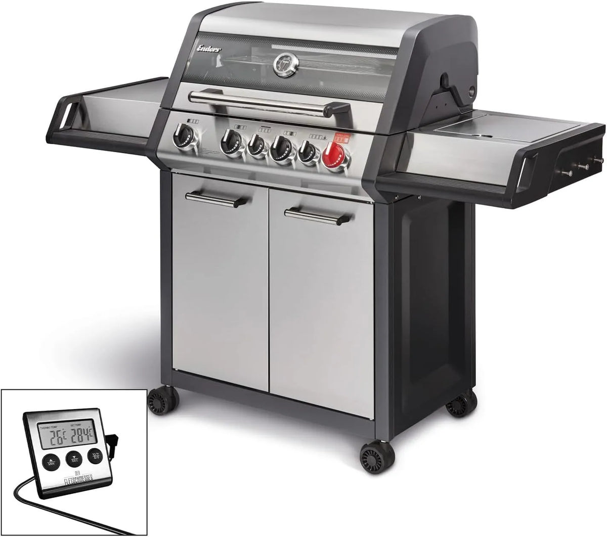 Gasgrill Enders, 4-Edelstahlbrenner, Seitenkocher, PanoVision Sicht, SWITCH GRID, MONROE PRO 4 SIK TURBO inklusive. Thermometer, 800 °C TURBO ZONE