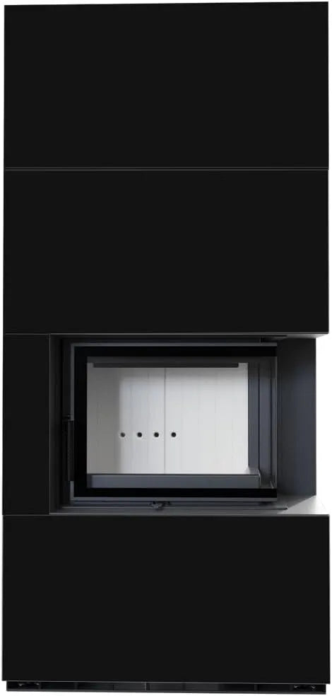 KRATKI Kaminbausatz, FLOKI BOX rechts 8 kW Ø 160 Quarzsinter NERO ASSOLUTO mit Türfeder