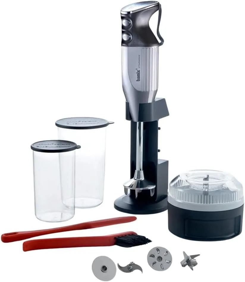 Modell Set MAXX inklusive. Ständer M350 bamix Stabmixer, 4 Aufsteckteile, Spachtel, Made in Switzerland, Chrom, 2 Becher, 300 Watt, Processor