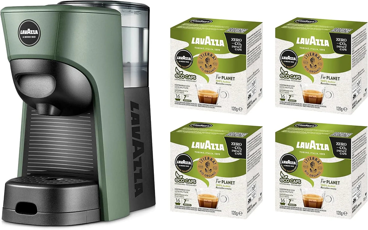 Kaffeemaschine, Leistung 1450 W, 220-240 V, 50/60 Hz, A Modo Mio Tiny Eco Green mit 64 sortierten Kapseln, Fassungsvermögen 0,6 Liter, Lavazza