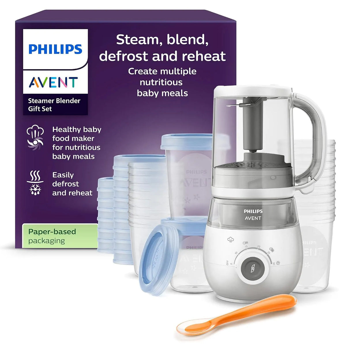 Philips Modell, Avent Geschenkset mit Dampfgarer und Mixer 4-in-1-Babynahrungszubereiter SCF883/20, Dampfgaren, Mixen, mit Milchbehältern und Deckeln