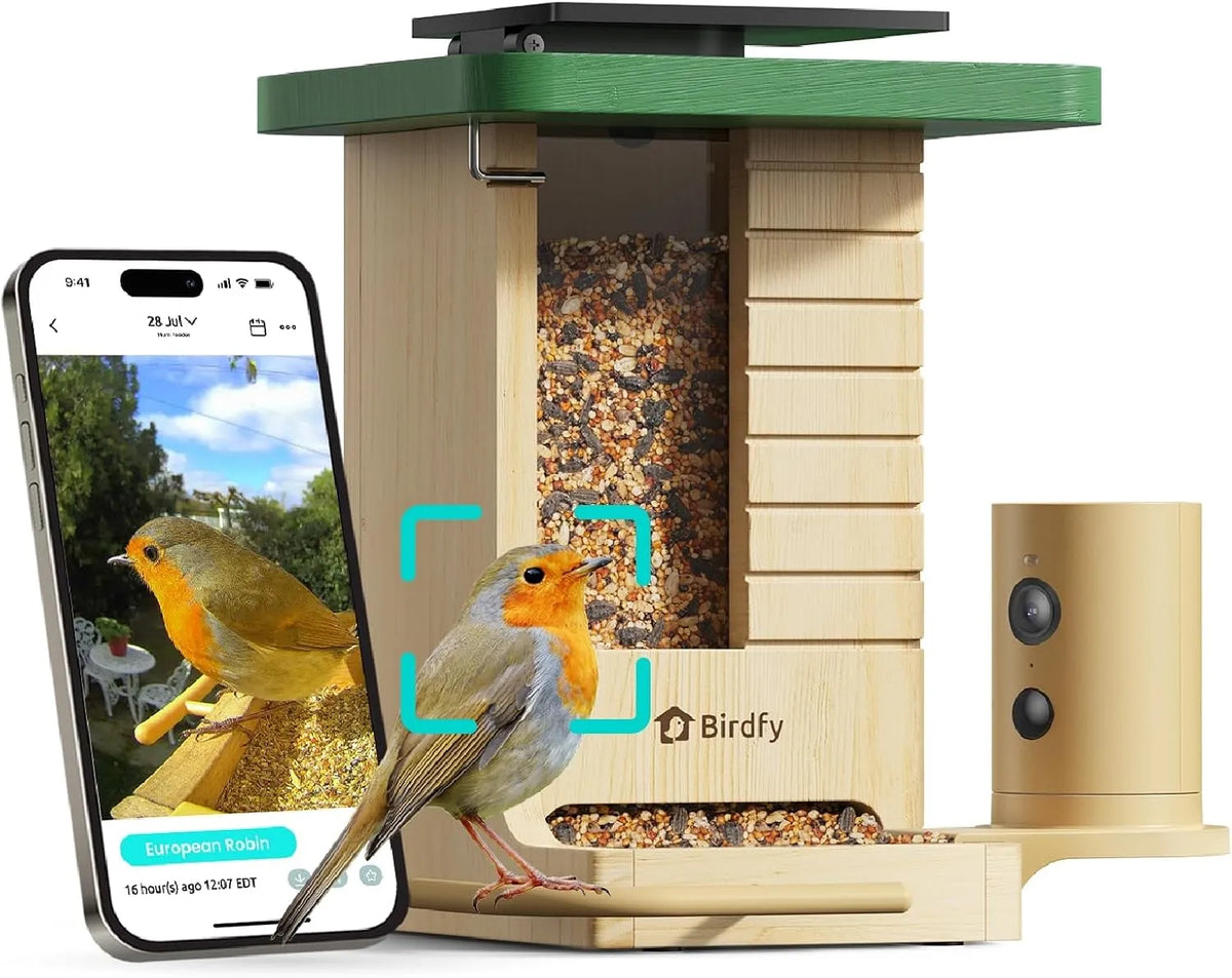 Kamera 6000 1080P Smartes Vogelfutterhaus mit, Birdfy VogelFutterspender aus Holz, solarbetrieben, KI-Erkennung für + Vogelarten, Hochformat