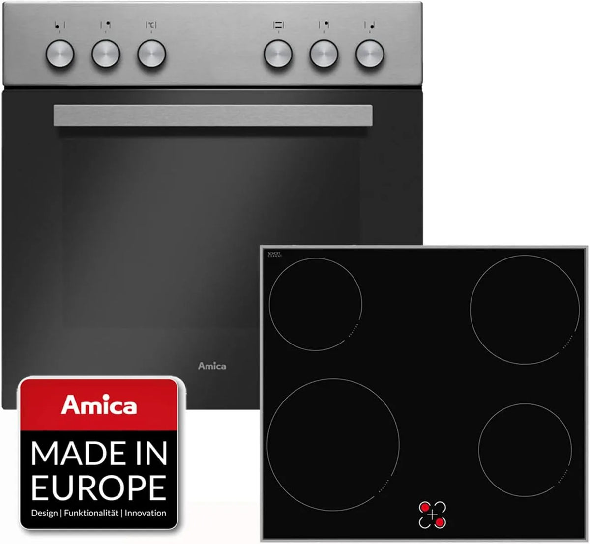 Amica Kochfeld, Backofen mit Grill und Umluft, Breite 60 cm, Glaskeramik mit 4 Zonen, Fassungsvermögen 65 Liter, Einbauherd-Set, Edelstahl