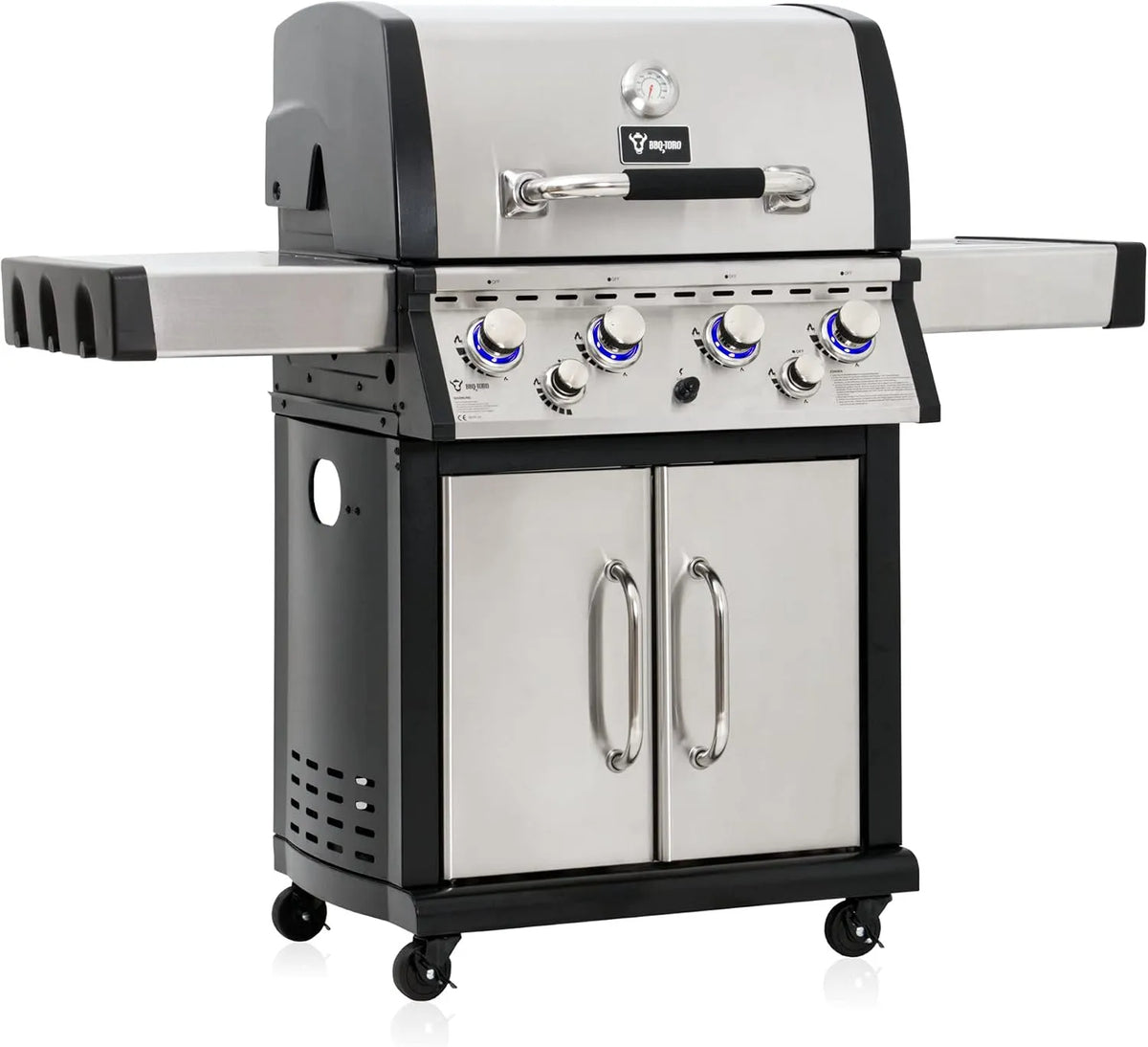 Gasgrill BBQ-Toro Premium, BBQ-Toro 4 Brenner mit seitlicher Kochstelle und Backburner, 4+1+1, Edelstahl BBQ Grill mit Seitenbrenner und Backburner