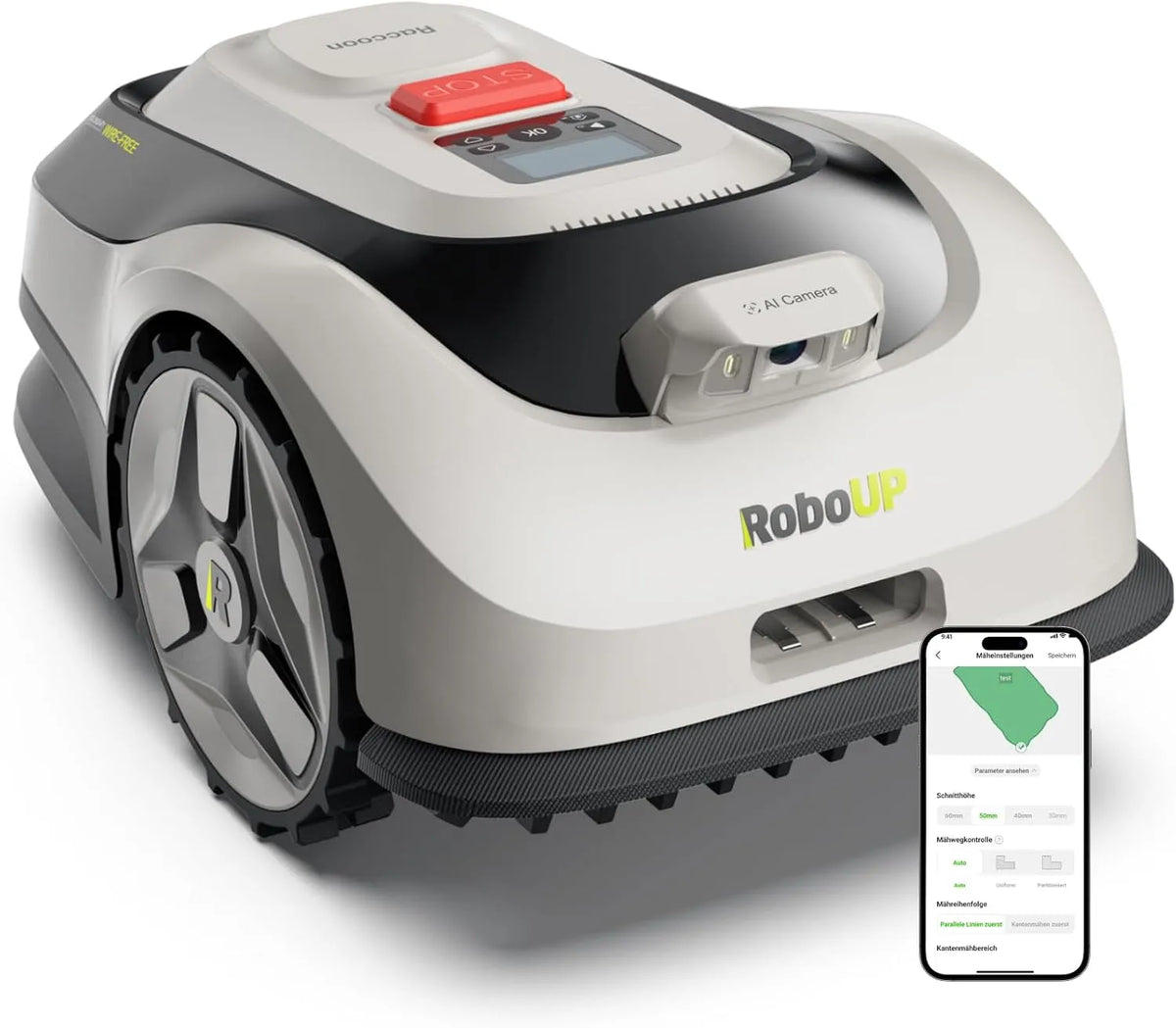Rasenmäher 3-8cm, Max. 600㎡ Rasenfläche, Ohne RTK, Automatisches Aufladen, Raccoon 2 SE Mähroboter ohne Begrenzungskabel, Schnitthöhe
