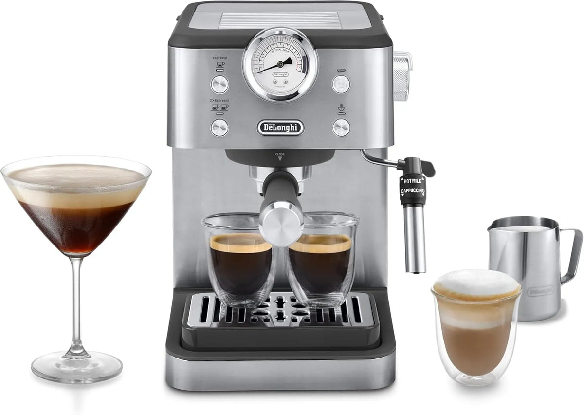 De'Longhi Espresso-Siebträgermaschine EM450.M, 15 Bar, Fassungsvermögen 1,7 l Wassertank, Classic, Vollmetallgehäuse, Edelstahl