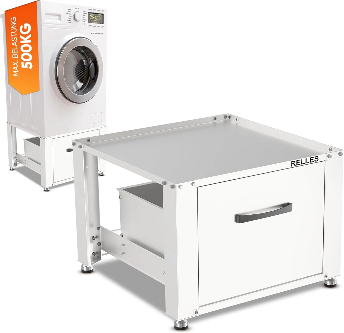 Waschmaschine, Maße 62x62x46 cm, Waschmaschinen Untergestell mit Schublade, LxBxH, Höhenverstellbare Füße, Gewicht 500 kg Tragkraft