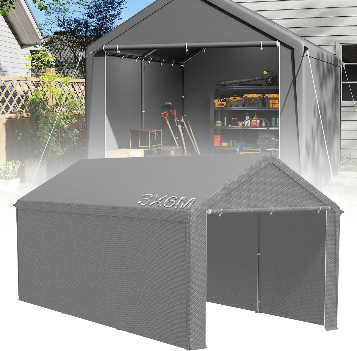 Carport, mit PE-Dach Industriezelt PVC Wasserdichter Reißenresistenter Garagenzelt für Auto, Lagerzelt 3x6 m, Boot&Mobile Lagerung-Farbe Grau, LKW