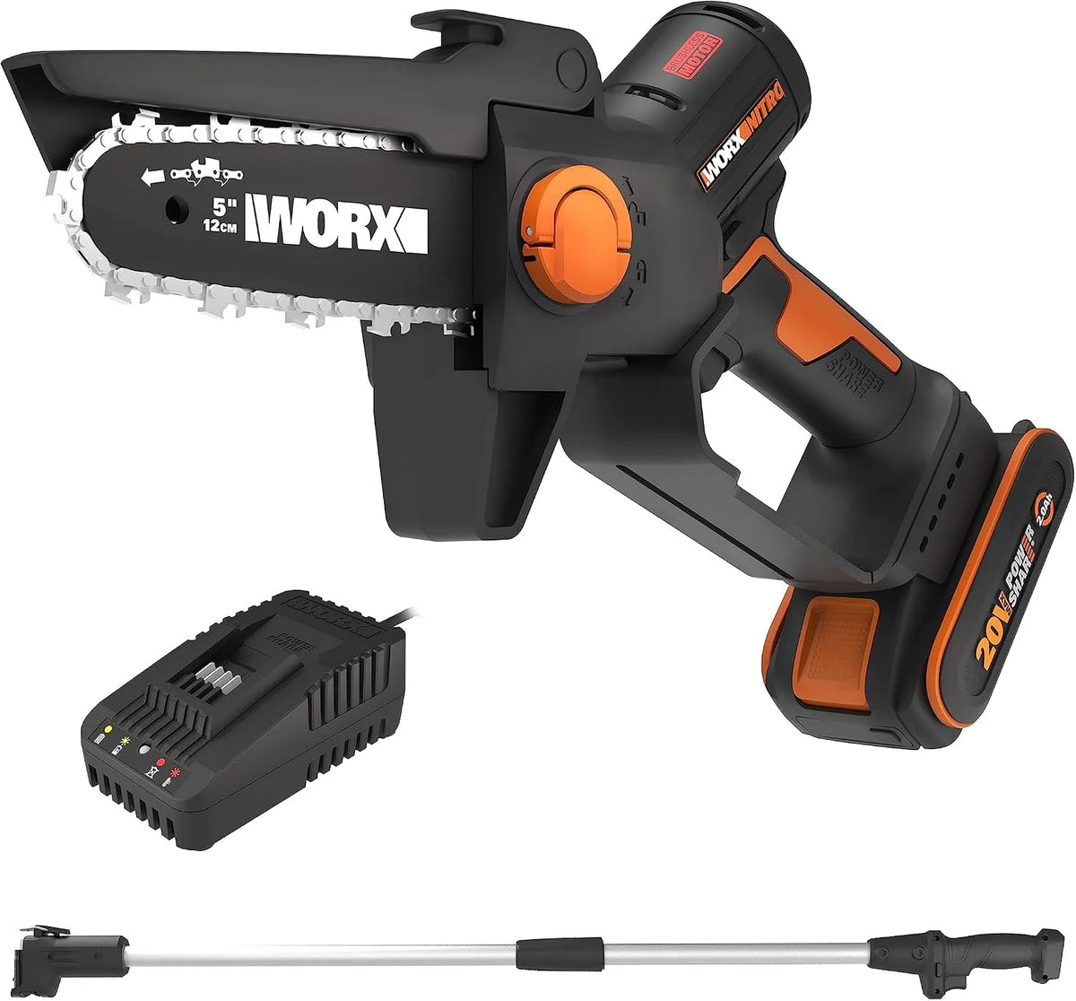 Worx Modell, NITRO Mini-Kettensäge 20V WG325E.1, Einhand Kettensäge, Ladegerät & 125cm Verlängerungsstange, inklusive. PowerShare Akku