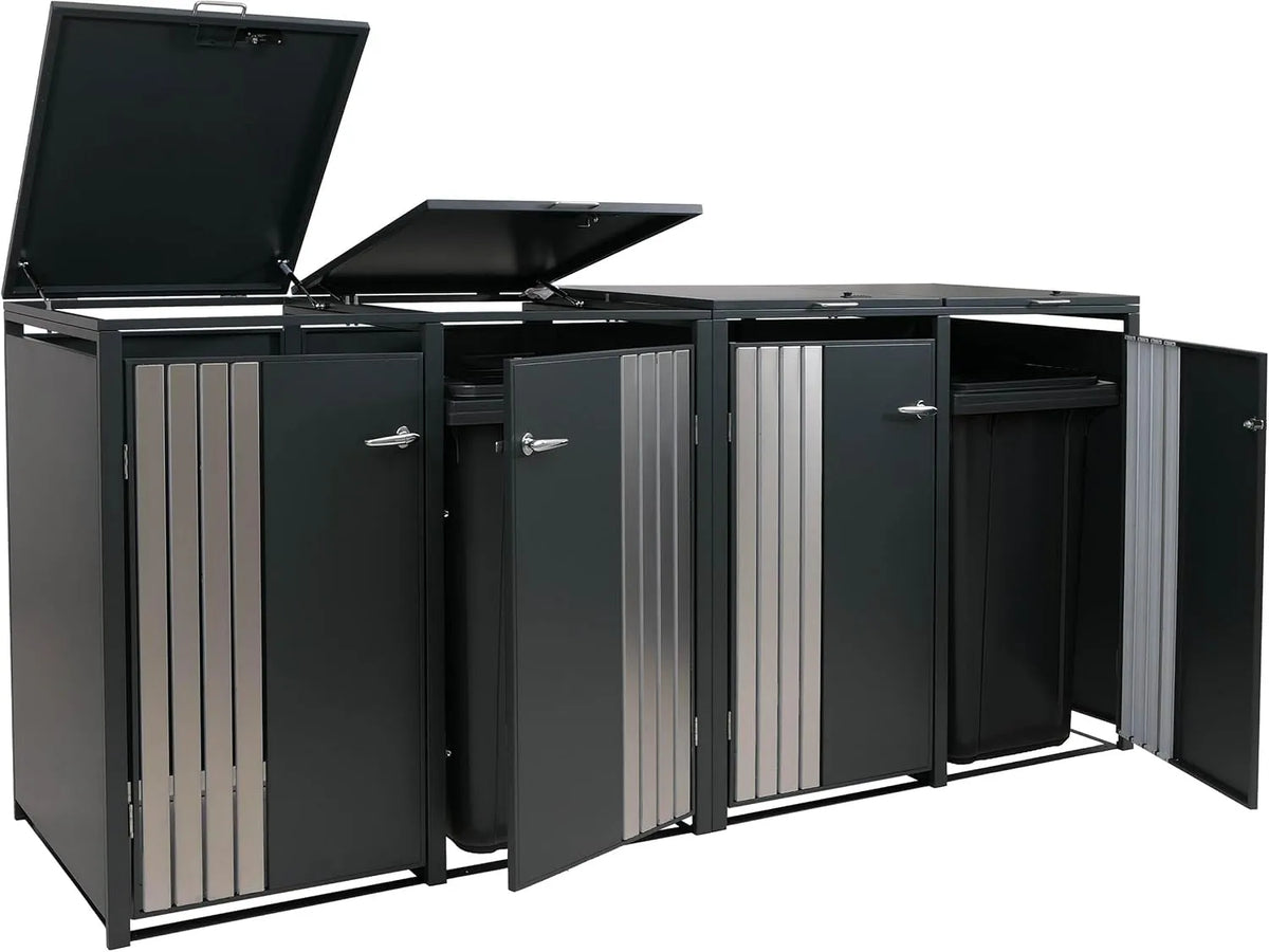 Modell 4er-Mülltonnenverkleidung HWC-O67 Mendler, Metall 122x264x84cm 104kg, Mülltonnenbox mit Deckel, anthrazit Edelstahl