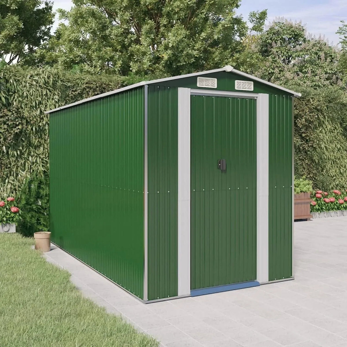 Geräteschuppen, Grün 192x357x223 cm Verzinkter Stahl, Fahrrad Unterstand, Gerätehaus, Fahrradgarage, Gartenhütte, Gartenhäuschen