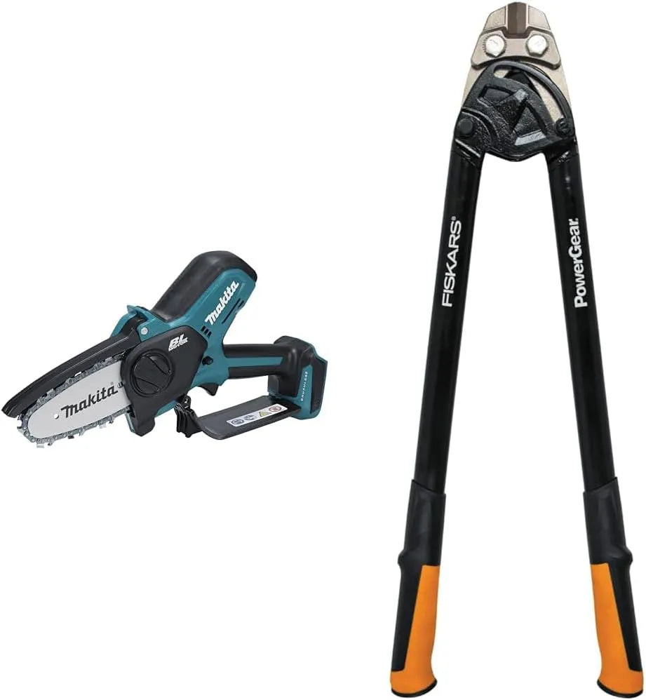 Makita Modell DUC101Z 1027214, Länge 61 cm, ohne Akku, & Fiskars Bolzenschneider, Orange, in Schwarz, Akku-Astsäge 18V, Stahl, ohne Ladegerät