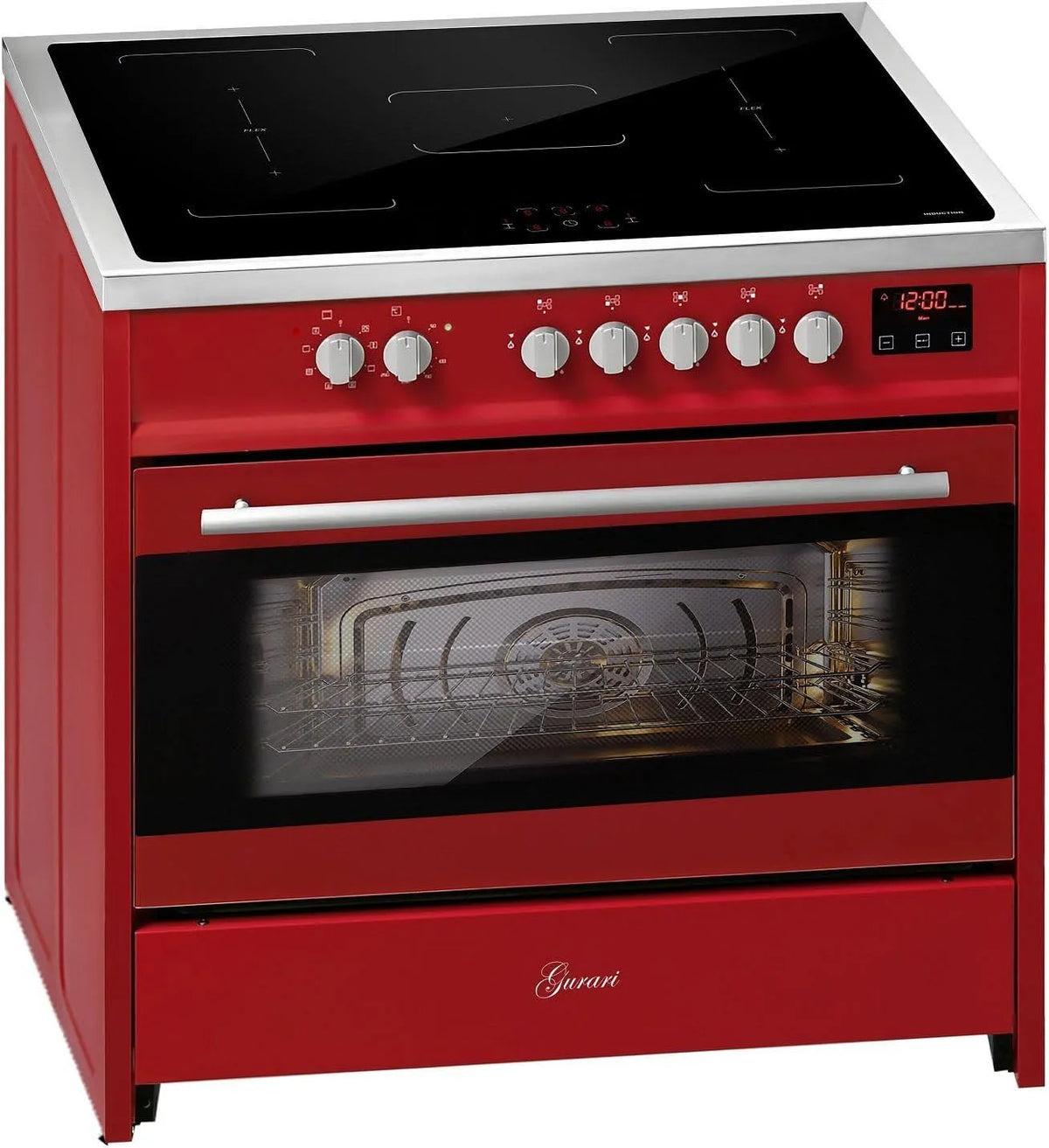 Backofen Induktionsherd mit, Elektro E 913 R Standherd Induktionskochfeld 90 cm, Range Coocker mit 5 Induktionszonen, 2 Flex Zone, alle mit Booster