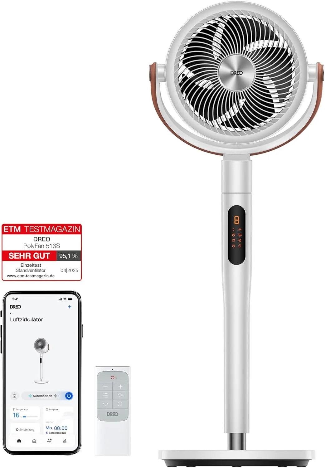 Ventilator 513S, 1650m³/h, Dreo 25dB leiser Smart Standventilator, h Luftvolume, 30M Windentfernung 1650m³, PolyFan