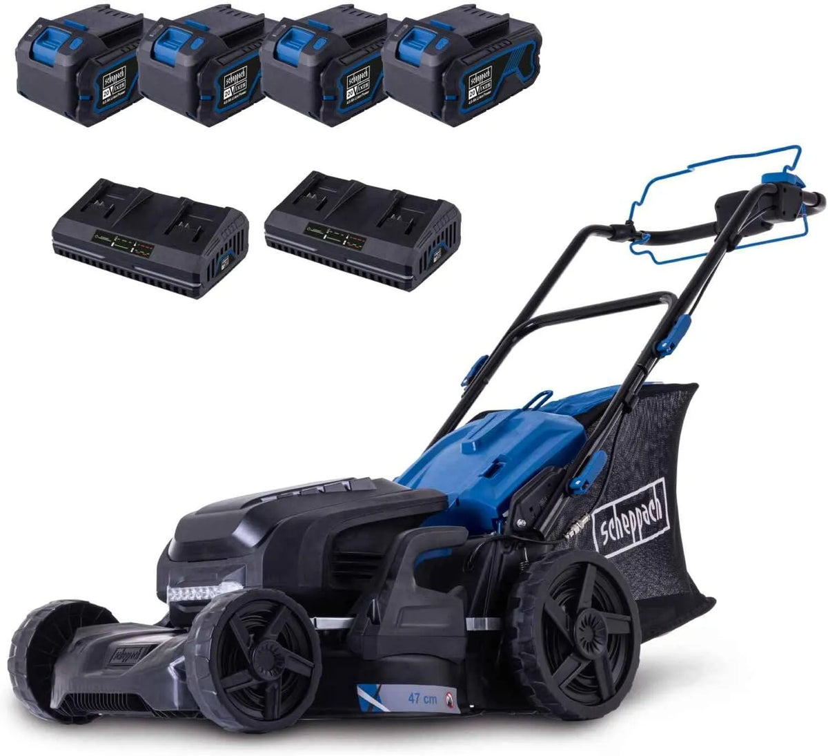 Scheppach Rasenmäher BC-MP470-X 20-Volt-IXES-Serie, Schnittbreite 47 cm, 800, 900 m², inklusive. 4X 4Ah Akku und 2X 4,5A Ladegerät, Akku Brushless