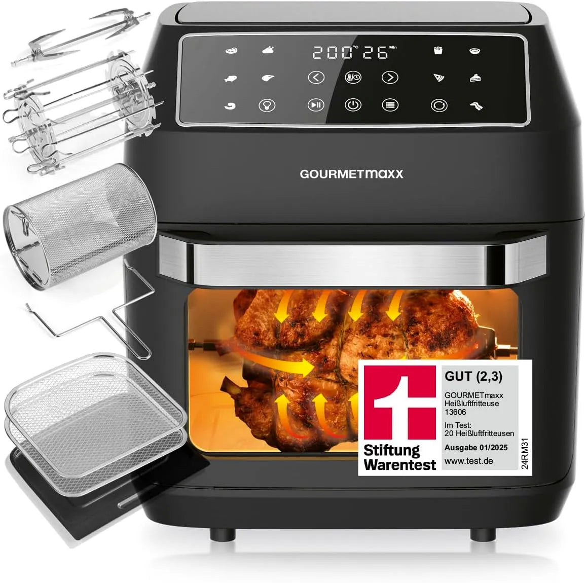 Heißluftfritteuse GOURMETmaxx, Minibackofen 1700 W, 10 Betriebsprogramme inklusive. Pizza, Touchdisplay, Fassungsvermögen 12 L Airfryer