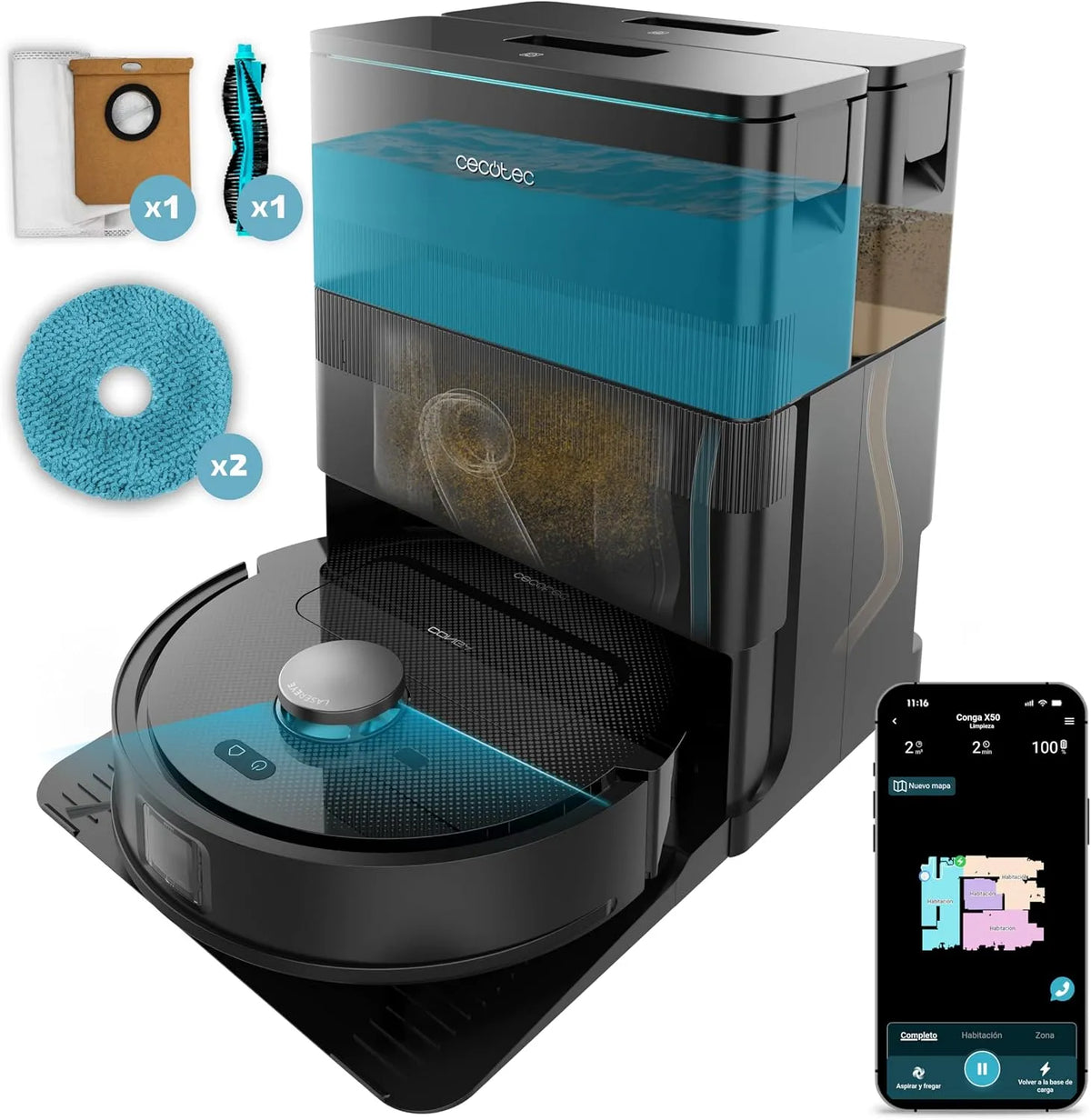 Cecotec Saugroboter X50 240min, Basis mit 3 Tanks, Interaktive Kartierung, Hebbare Mopps, 15000Pa, Autonomie