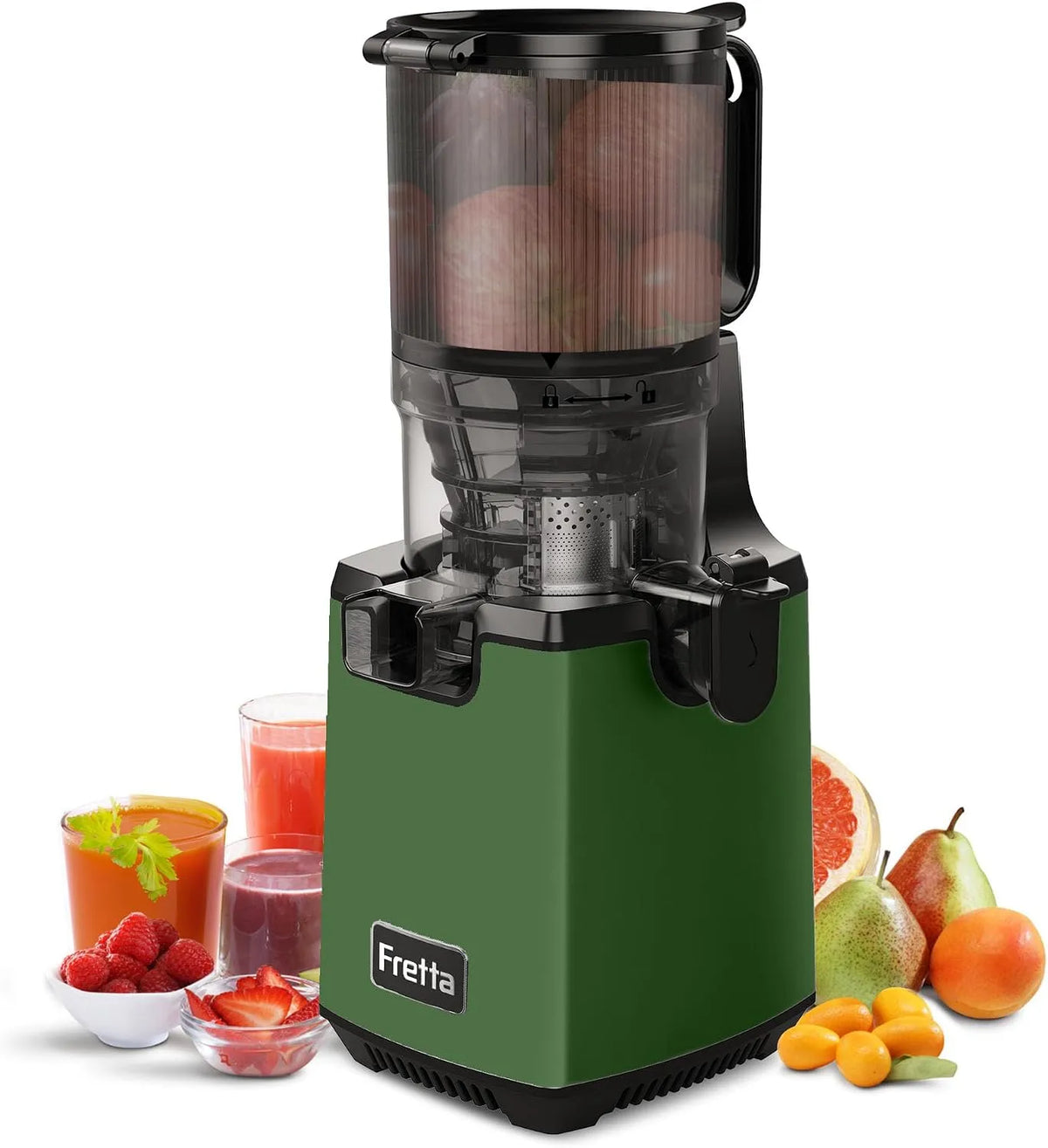 Entsafter Fretta, 100% BPA Frei, Slow Juicer Testsieger, Einfache Montage & Reinigung, Leistung 250W, Gemüse und Obst, Dunkelgrün