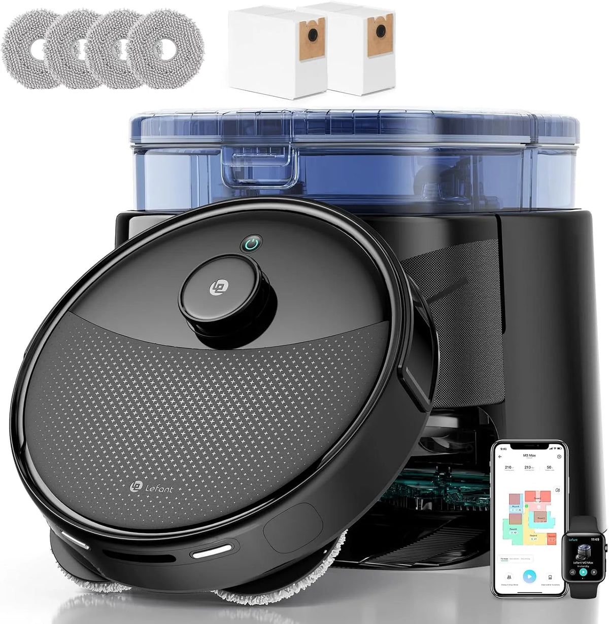 Saugroboter 20000, WLAN 2.4G, Vermeiden von Hindernissen, No-Go-Zone, App und Alexa, Lefant M3 MAX mit Wischfunktion Pa Saugkraft, 5G, in Schwarz