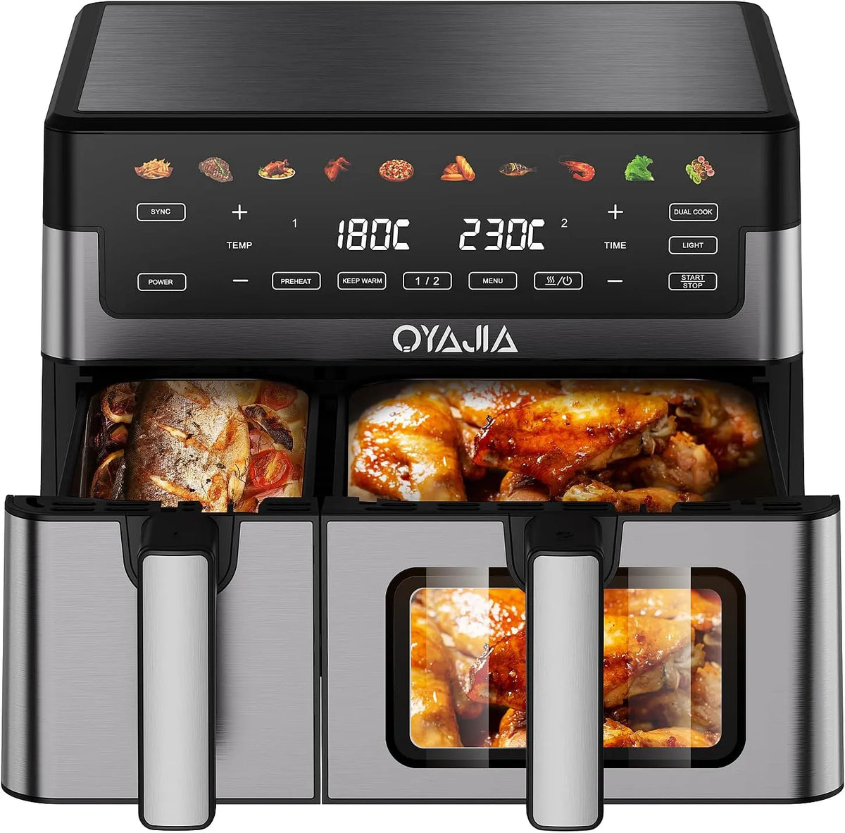 Airfryer Dual, Digitaler Touchscreen Beleuchtetes Sichtfenster Silber&in Schwarz