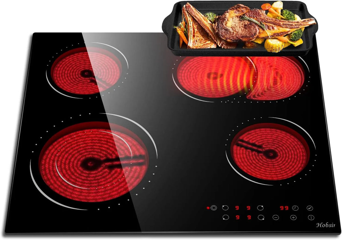 Kochfeld, Glaskeramikkochfeld 4 Platten Autark 60 cm Glaskeramikkochfeld, Leistung 6600W, Fassungsvermögen 9 Leistungsstufe, Sensor-touch Control