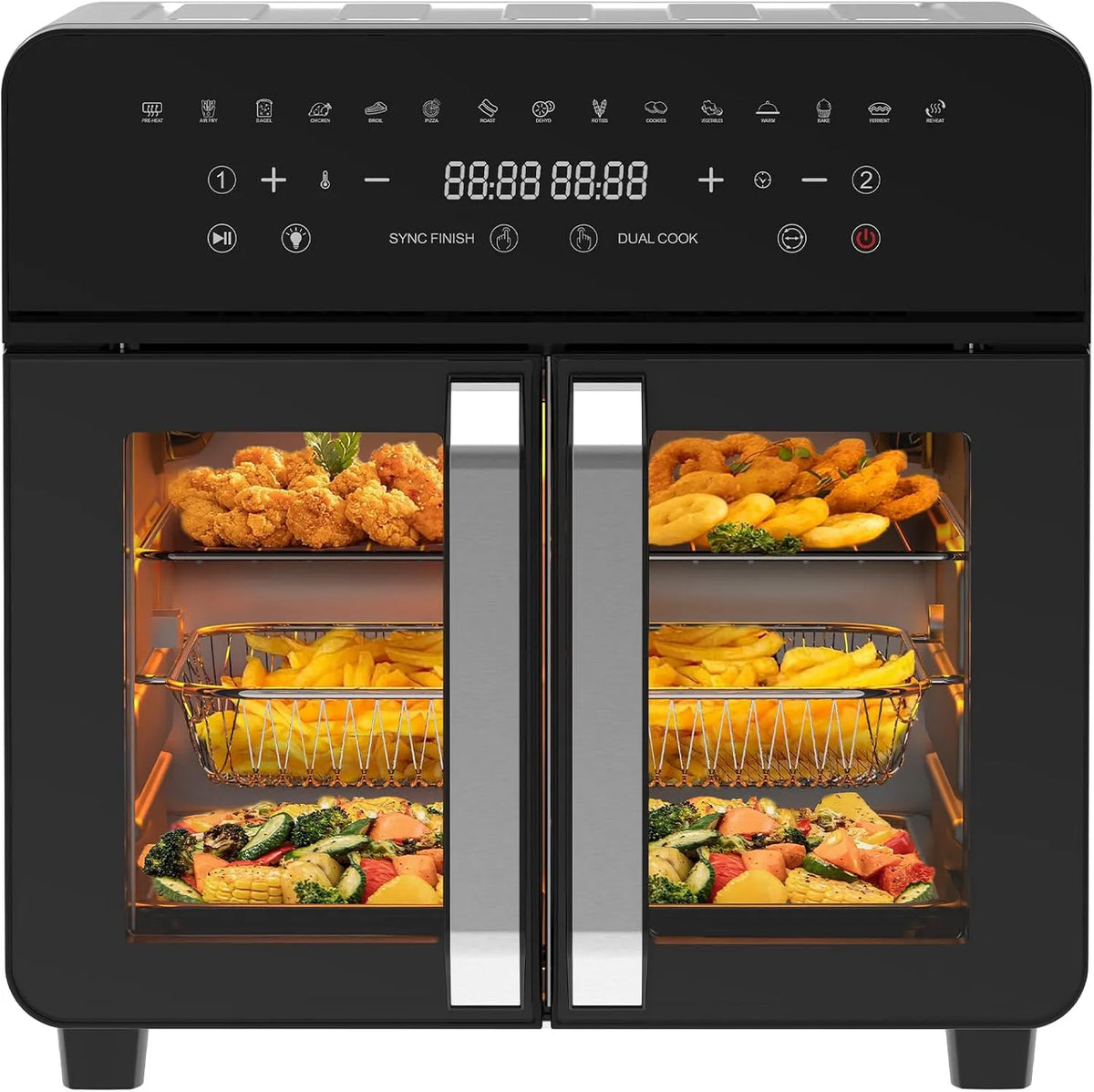Heißluftfritteuse, Fassungsvermögen 23L Dual Zone, 15 Betriebsprogramme, Leistung 2200W, 12 Zubehör, 50-200℃, XXL Airfryer mit French Door