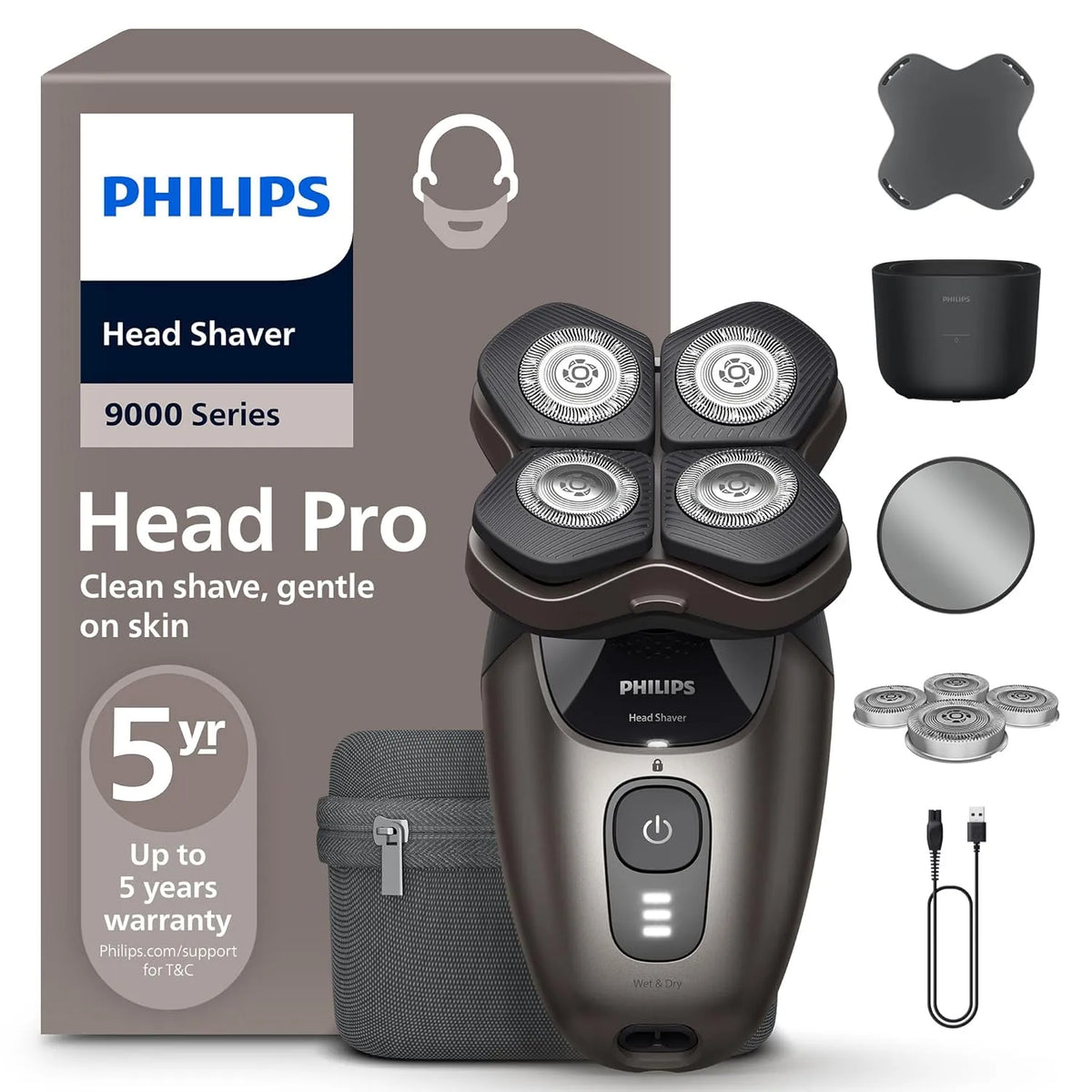 Philips Head Shaver Pro Series 9000 360grad-Scherkopf HS9980/15, Glatzenrasierer für Männer und Frauen, sanft zur Haut