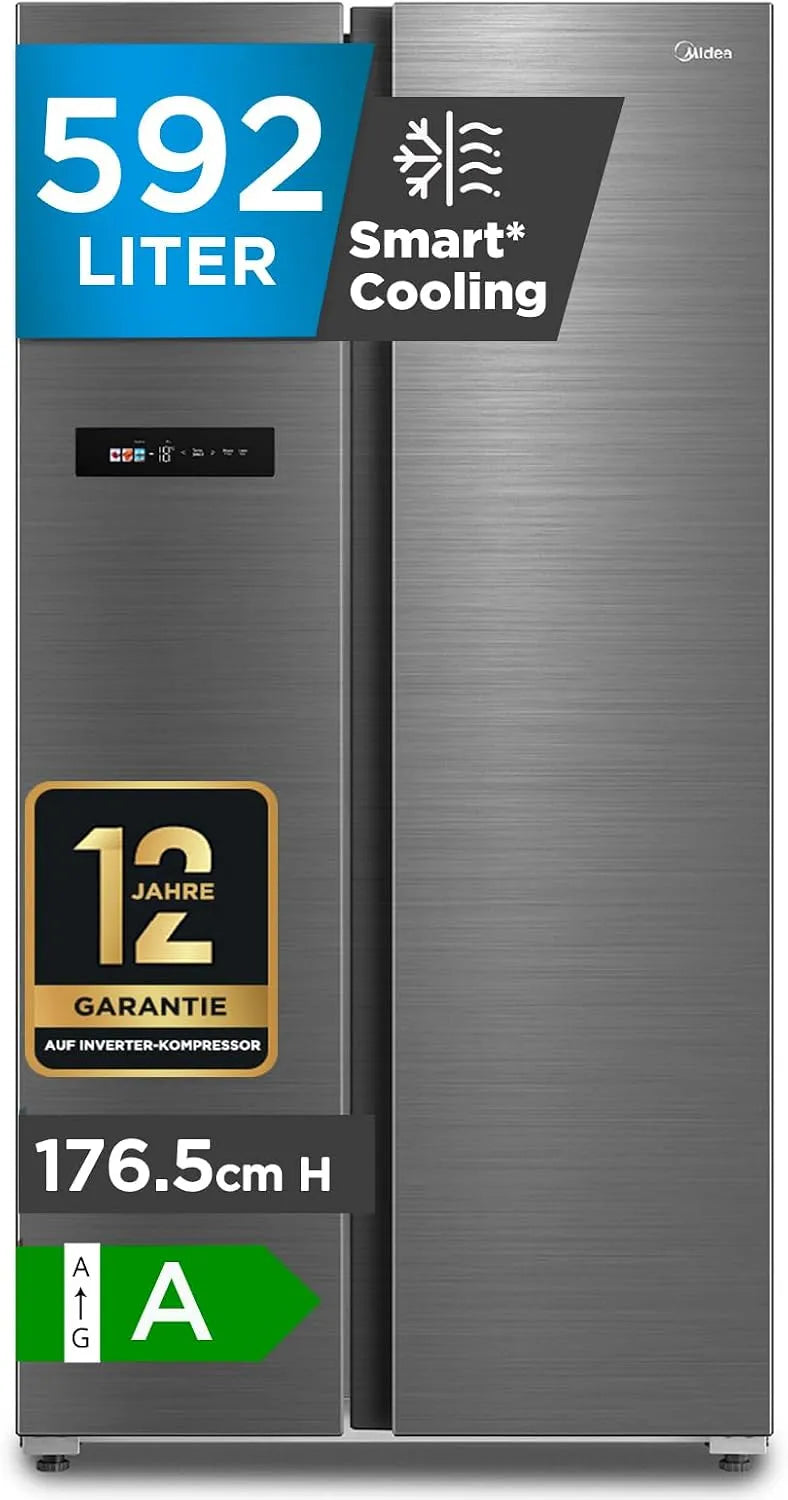 Midea Modell Compressor, 176,5 cm hoch MDRS791MYA46, Fassungsvermögen 379 L Kühlen, Fassungsvermögen 213 L Gefrieren, 35dB, Side-by-Side Kühl