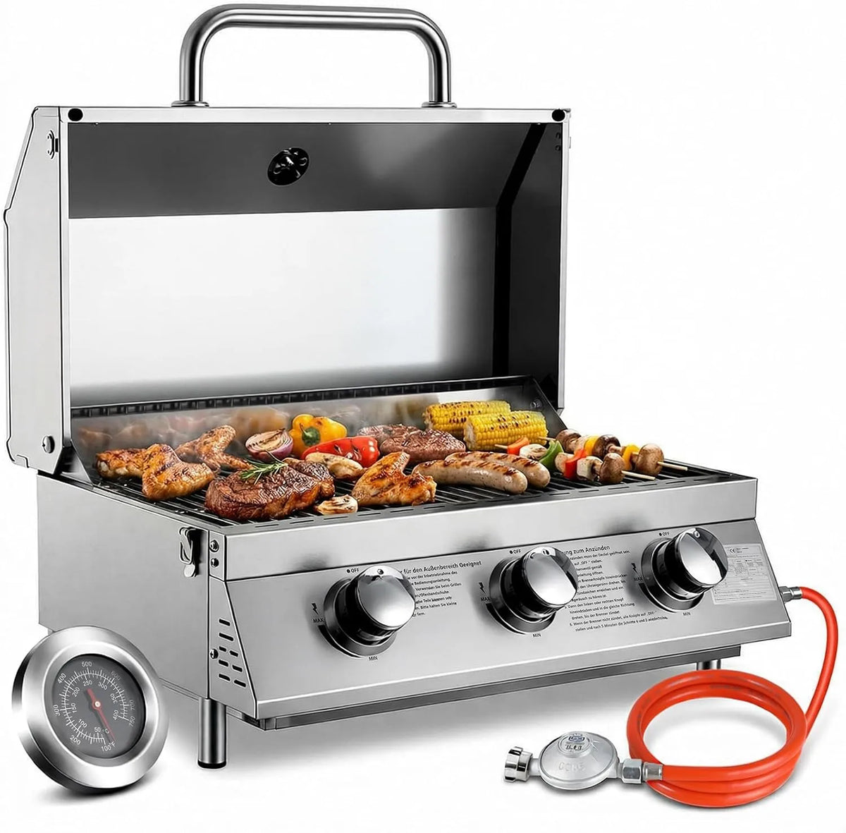 Gasgrill x33 4PCS, TLSUNNY 3 Brenner Klein, 60 cm Grillfläche, Leistung 6.6kW, Edelstahl Tischgasgrill Kompakt mit Grillrost, Thermometer, Balkon