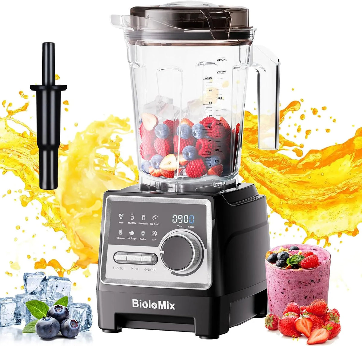 BioloMix 1500W Hochleistungsmixer Smoothie Maker und 2,6 l großvolumiger BPA Freier Behälter Mit 6 Klingen aus Edelstahl 304, 7 Voreingestellte