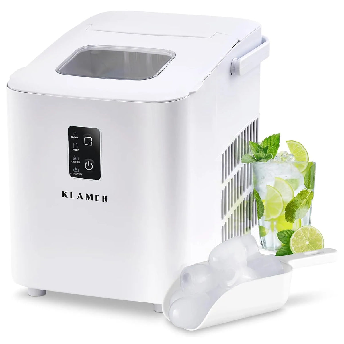 Klein KLAMER Eiswürfelmaschine, Gewicht 11 kg Eiswürfel pro Tag, Fassungsvermögen 1 L Wassertank, 2025, 8 Eiswürfel in 8 Minuten, 2 Eiswürfelgrößen