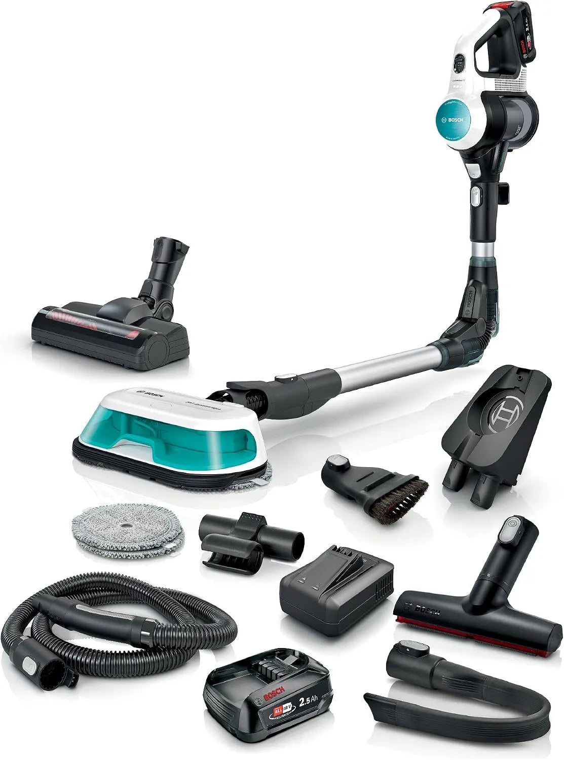 Bosch Akku-Staubsauger BSS712XHYG 2in1, 10 Jahre Motor, kabellos, Knickrohr, Schnellladegerät, weiß, Unlimited 7 ProHygienic Aqua, 2 Akkus