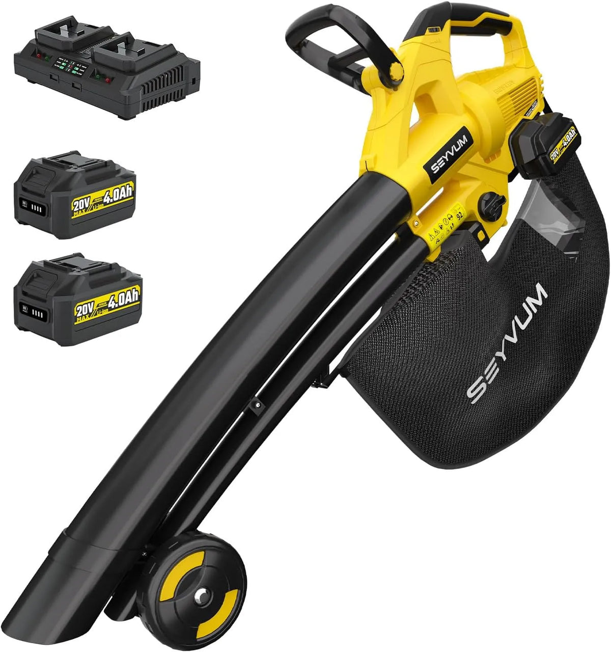 Laubsauger 3-in-1-Laubbläser, 190km/h, Blasgeschwindigkeit 190km, akku,40V Laubbläser Akku 2×4.0Ah mit Ladegerät, Fangsack 45L für Garten