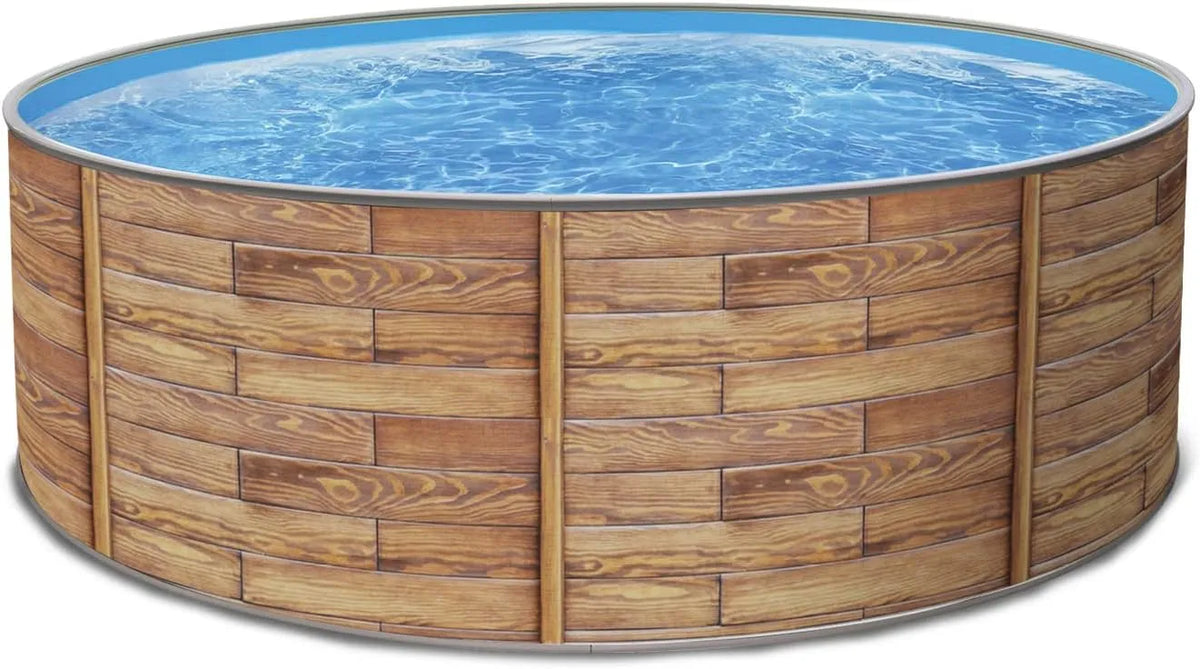 Paradies Pool, inklusive. Skimmer Set Leiter Pumpe Sandfilter, Poolfolie in blau 0,8mm, Stahlwandpool Holzoptik, Handlauf Farbe Grau, Maße 400x120cm