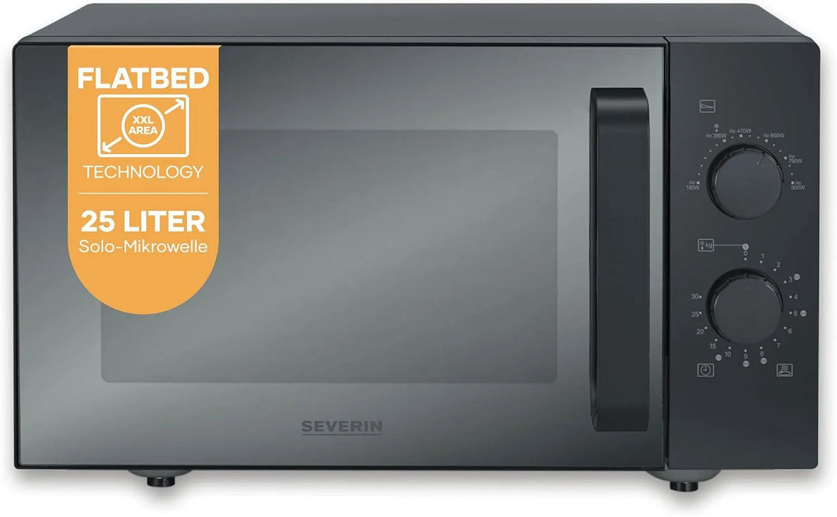 Severin Mikrowelle MW 7782, ca. 25L, 6 Automatikprogramme bis 900W, Timer bis 30 Minuten, S-Wave mit flachem Glasboden, Drehregler, Edelstahl