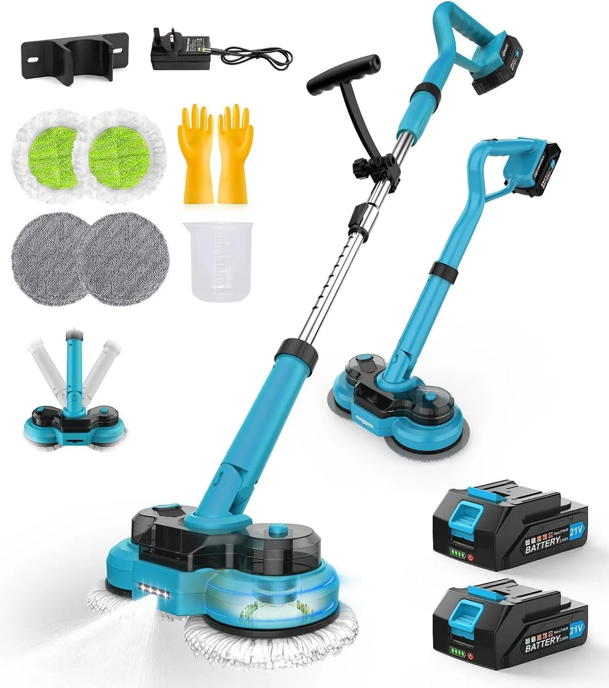 Mopp mit 2 * 2000mAh Batterien Kabellos Elektrischer, Bodenreiniger Spin Mop, Fassungsvermögen 300 ML Wassertank, Wischmopp Poliermaschine