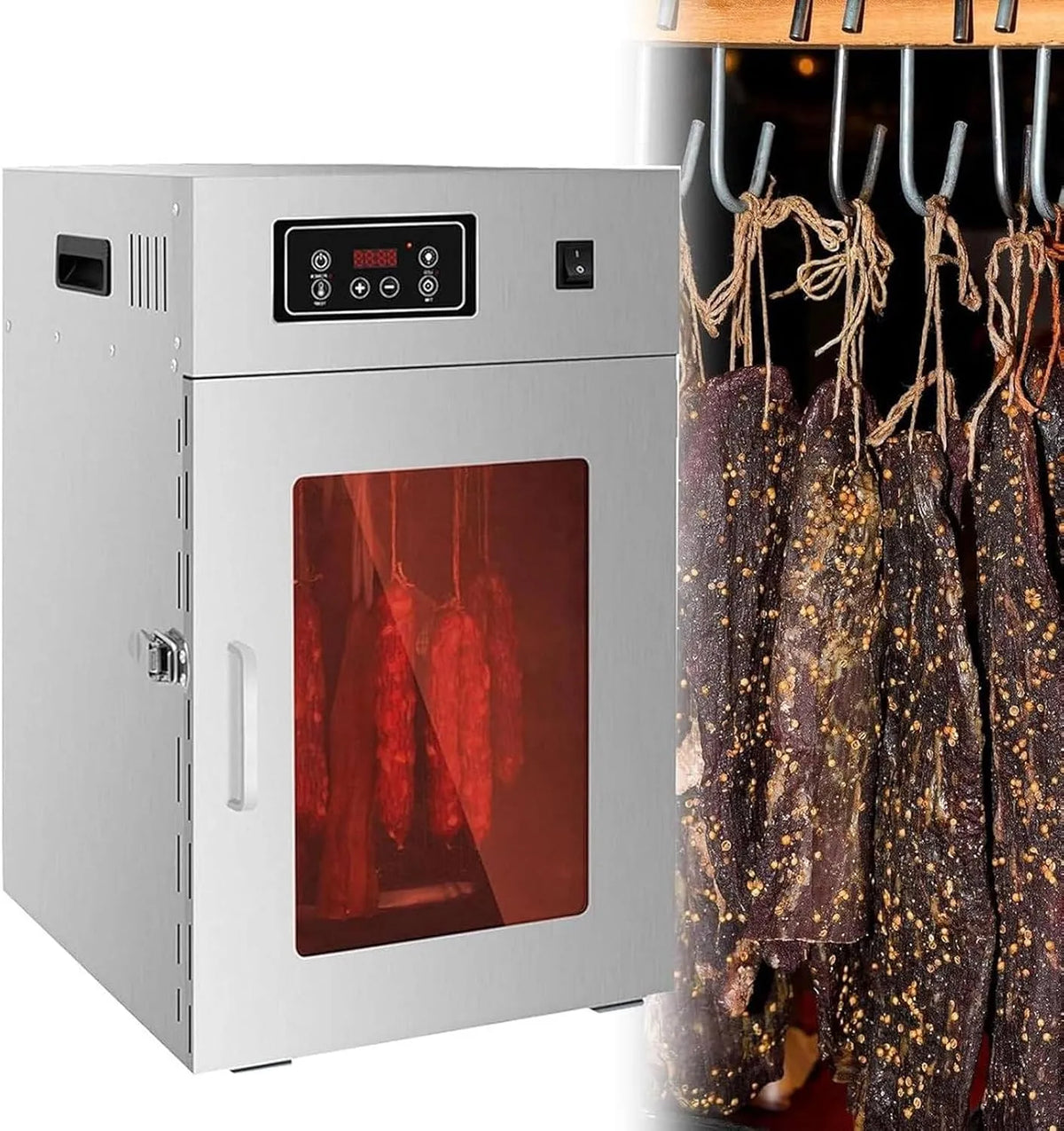 Mit Edelstahlgehäuse Dörrautomat Edelstahl Dörrautomat, mit LED Smart Control und Aufhängehaken zum Trocknen von Fleisch und Biltong