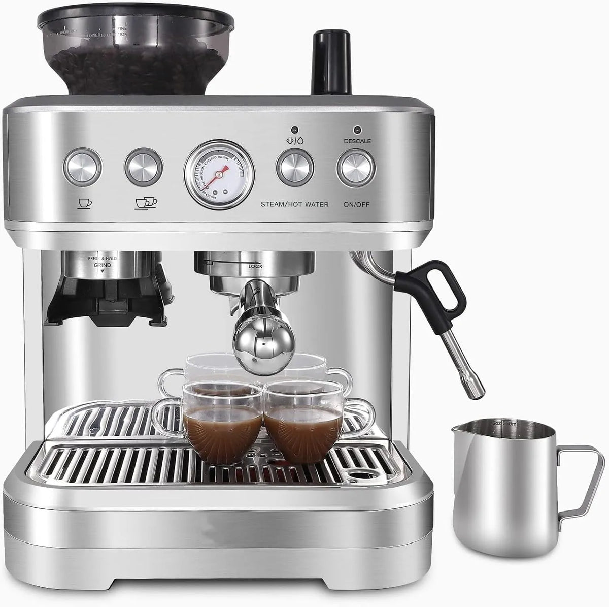 Espressomaschine, Mit 2.3 L Wassertank, 15 Bar Extraktionsdruck, Espresso SiebträGermaschine Integriertes Mahlwerk, Edelstahl, Silber