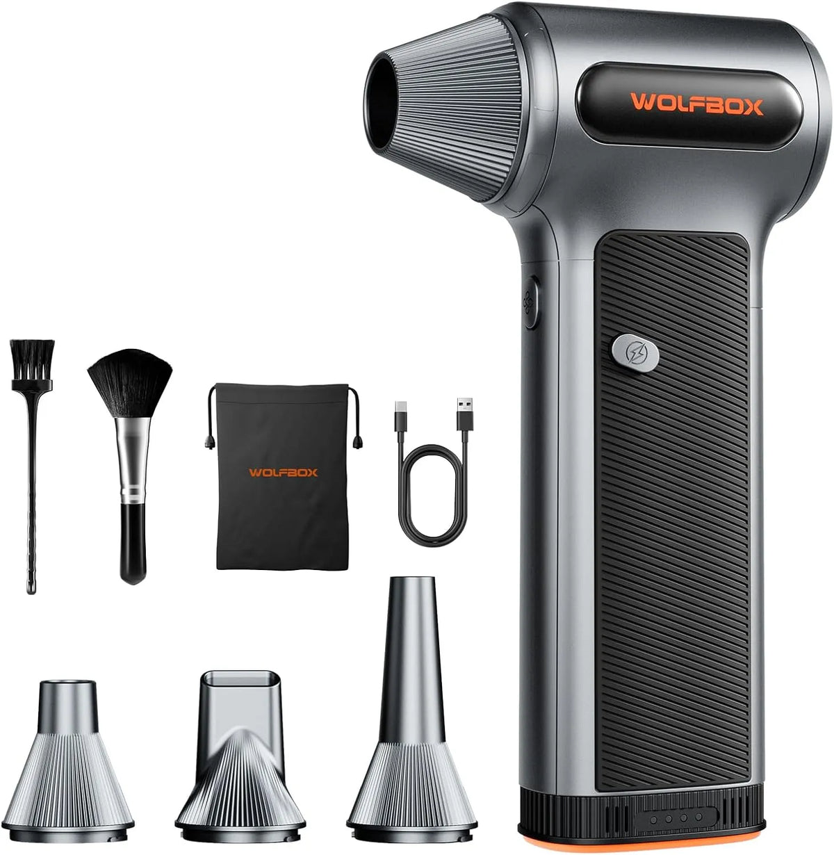 Modell 3-stufiges Elektrisches Staubgebläse akkubetrieben MF200 WOLFBOX, langlebiger Air Duster mit 4 Düsen für PC, Haus und Outdoor, Auto