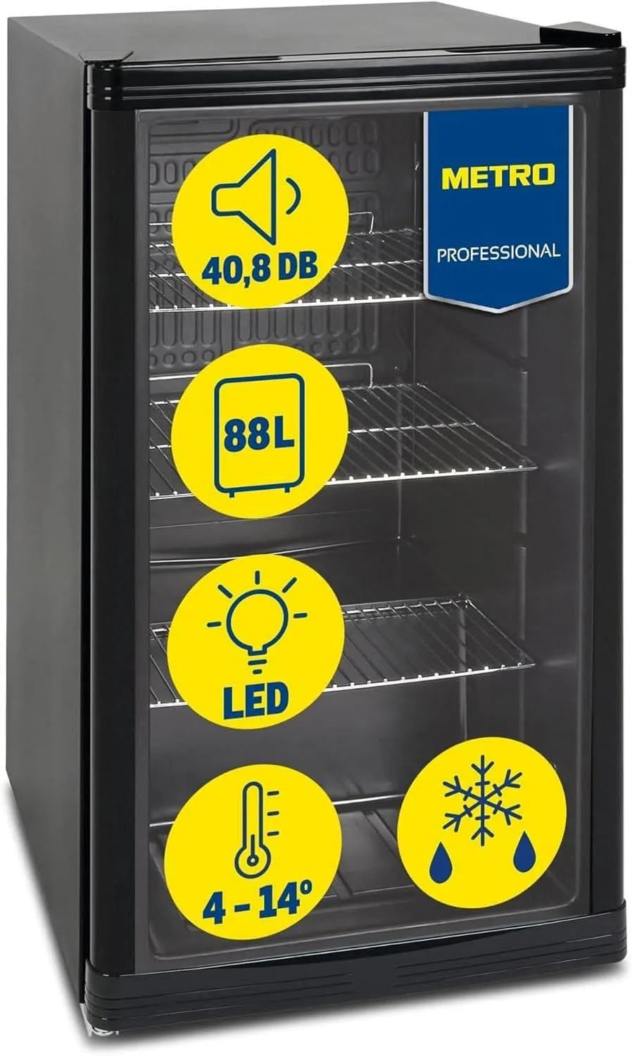 Kühlschrank GPC1088 kWh/24h METRO Professional Mini, Fassungsvermögen 88 L, 1.052 kWh, 3 Edelstahl-Drahtböden, Modell kWh, in Schwarz