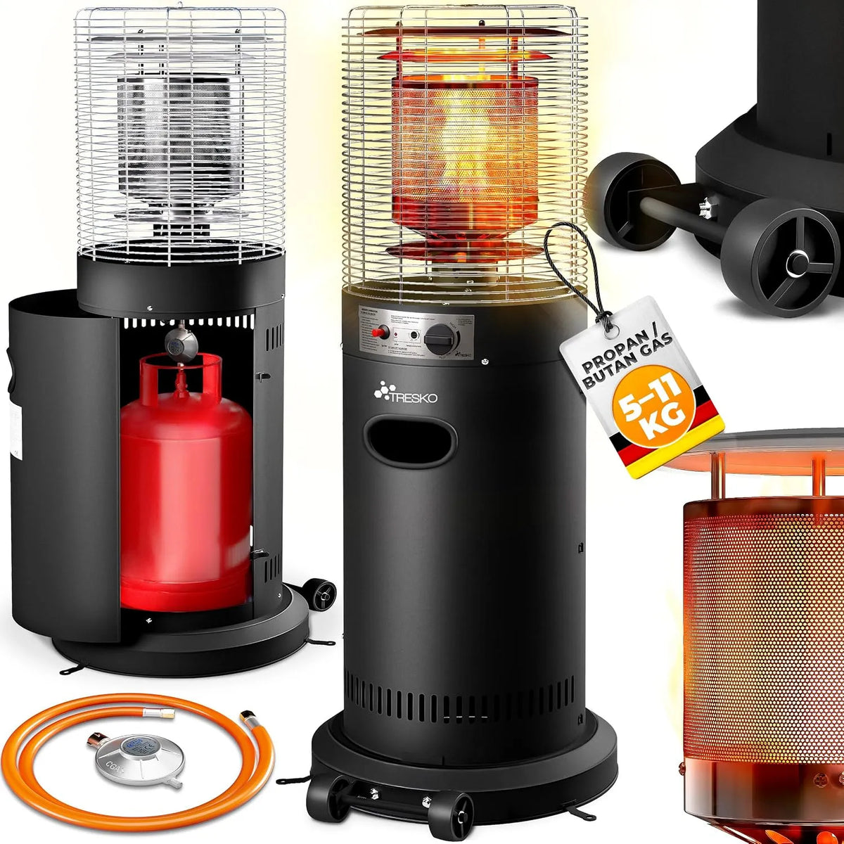 Gas mit Rollen TRESKO Heizstrahler, Outdoor Terrassenheizer für 5 & 11 kg Gasflaschen, Balkon & Garten, in Schwarz, Gas 11 kW mit Rollen