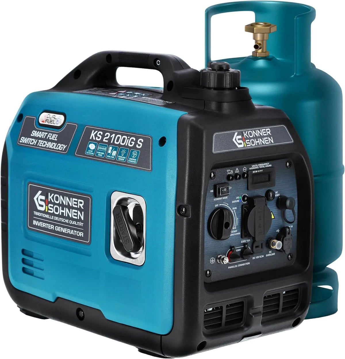 Stromgenerator 2000iG, Benzin Inverter Gas Stromerzeuger 2000 W, Spannung 230 V, 1 x 16 A, Euro 5, Könner & Söhnen KS S LPG, ECONOMY Modus