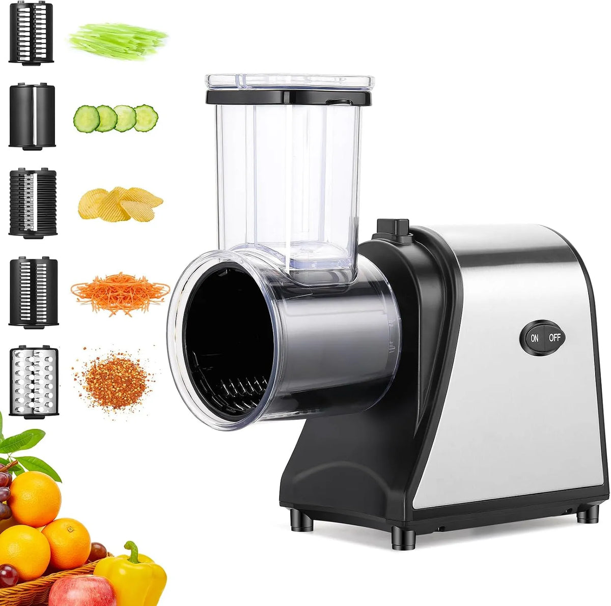 Elektrischer Gemüseschneider, 5-in-1 Gemüsehobel mit Extra Großer Einfüllöffnung, Multifunktionale Küchenreibe für Obst, Gemüse & Käse