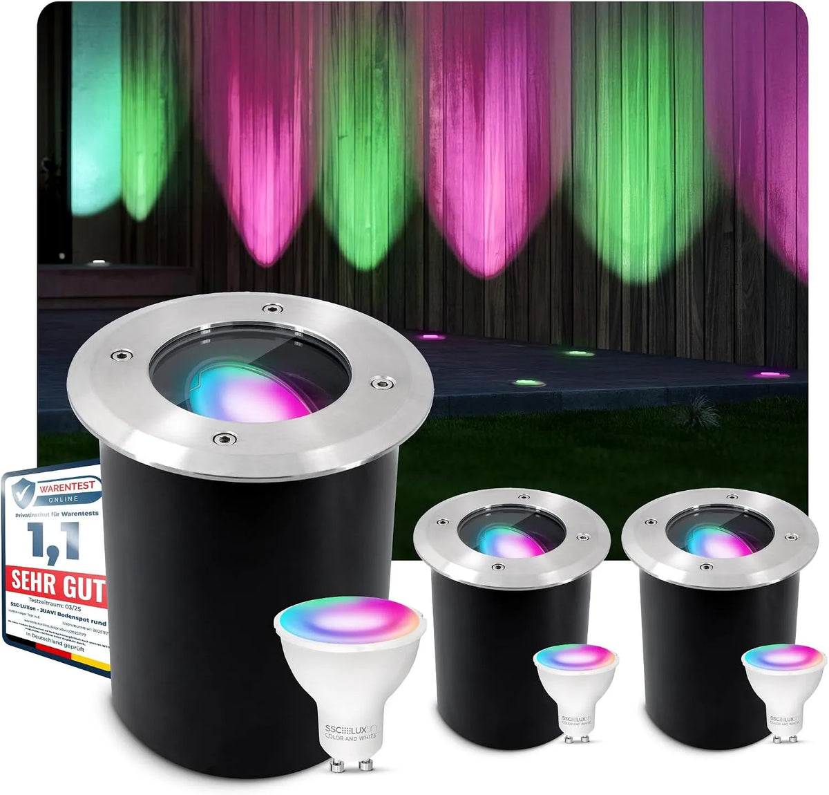 3er GU10 SSC-LUXon, Bodenstrahler befahrbar Steuerung per App & Sprache, Set JUAVI Bodeneinbaustrahler Aussen schwenkbar LED Smart WLAN RGB CCT