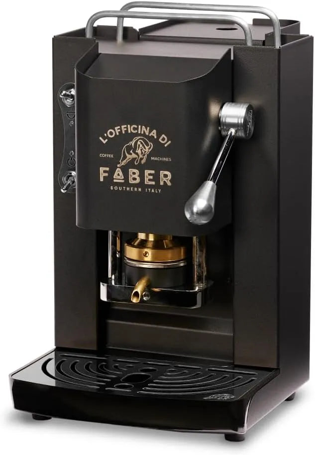 Faber COFFEE MACHINES, Chrom-Finish, Mat Black, Kaffeepadmaschine für ESE-Pads 44 mm, Modell Pro Deluxe, Padpresse aus Messing
